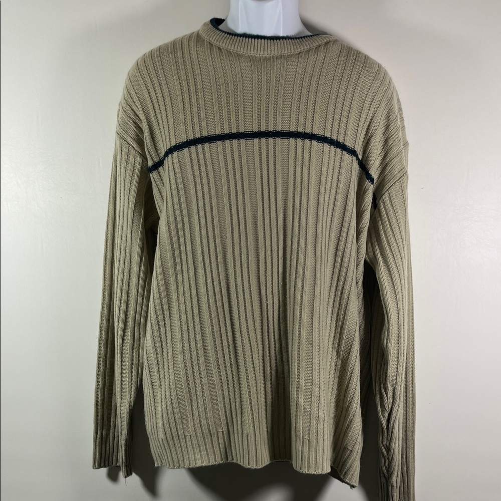 Utility Sweater Men Size XL Ribbed Knit Beige w Navy Trim Crew Neck Relaxed Fit